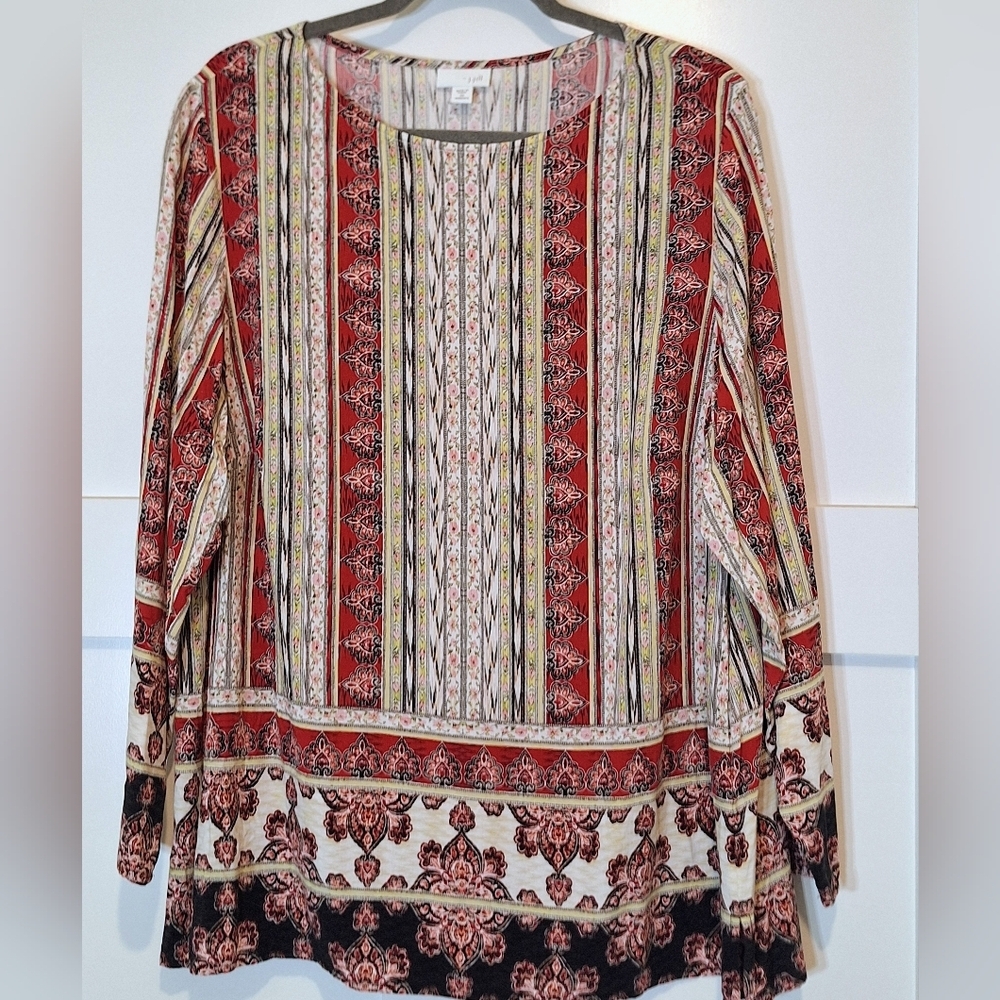 J. Jill Floral Medallion Print Tunic Top 100% Rayon Long Sleeve Sz 2X Red White - Picture 5 of 13